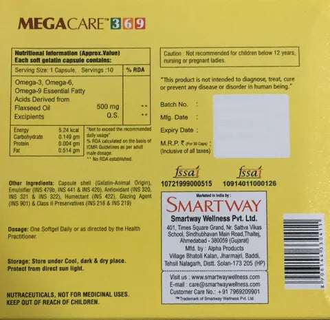 Megacare 369 Capsule – Flaxseed Oil 500 mg with Omega 3, 6 & 9 Fatty Acids | 15's