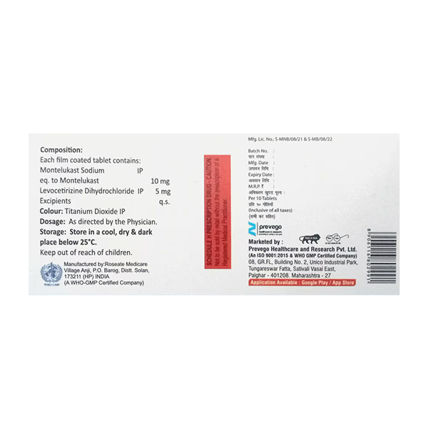 Montevac LC Tablet | Levocetirizine 5 mg + Montelukast 10 mg for Allergy, Runny Nose & Sneezing