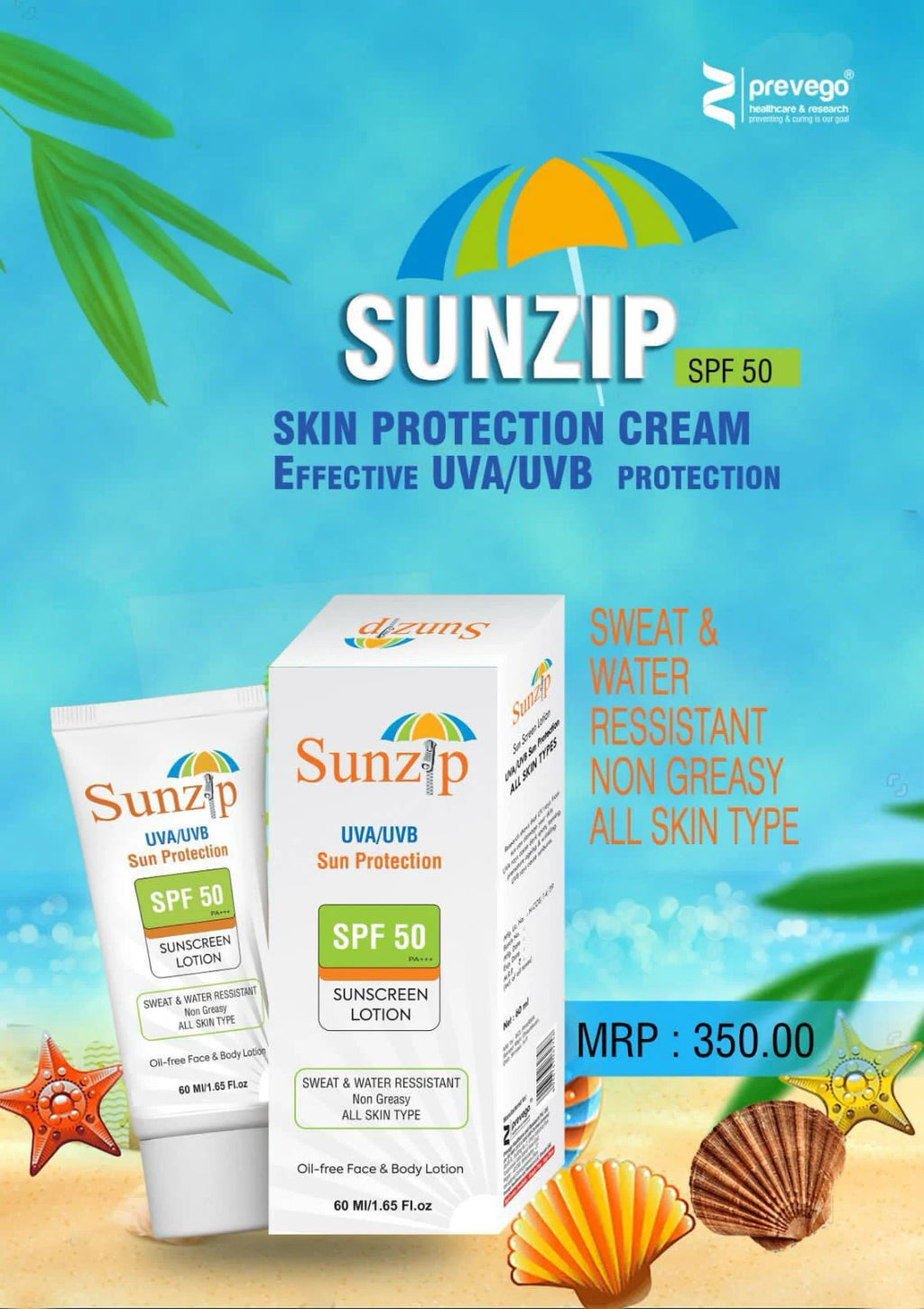 Sunzip Sunscreen Lotion | SPF 50 PA+++ (UVA & UVB Sun Protection) - 60ML